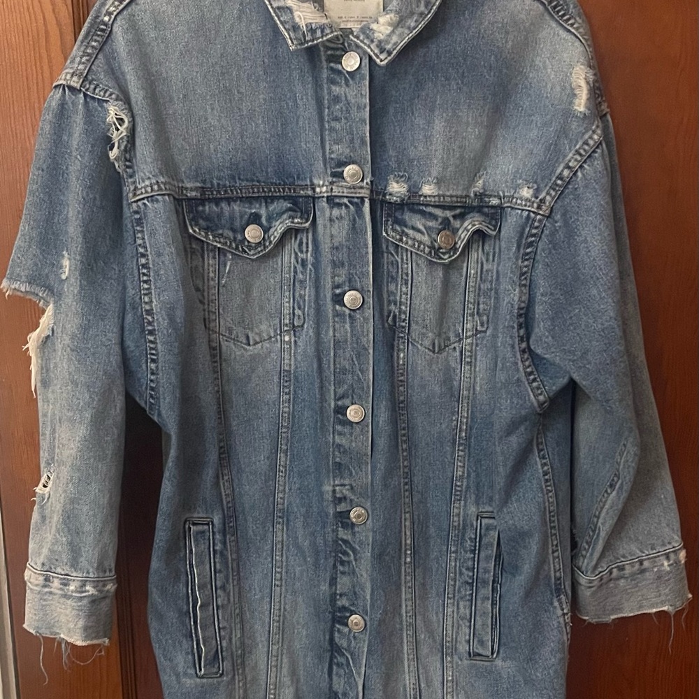 Zara Light Blue Distressed Long Denim Jacket